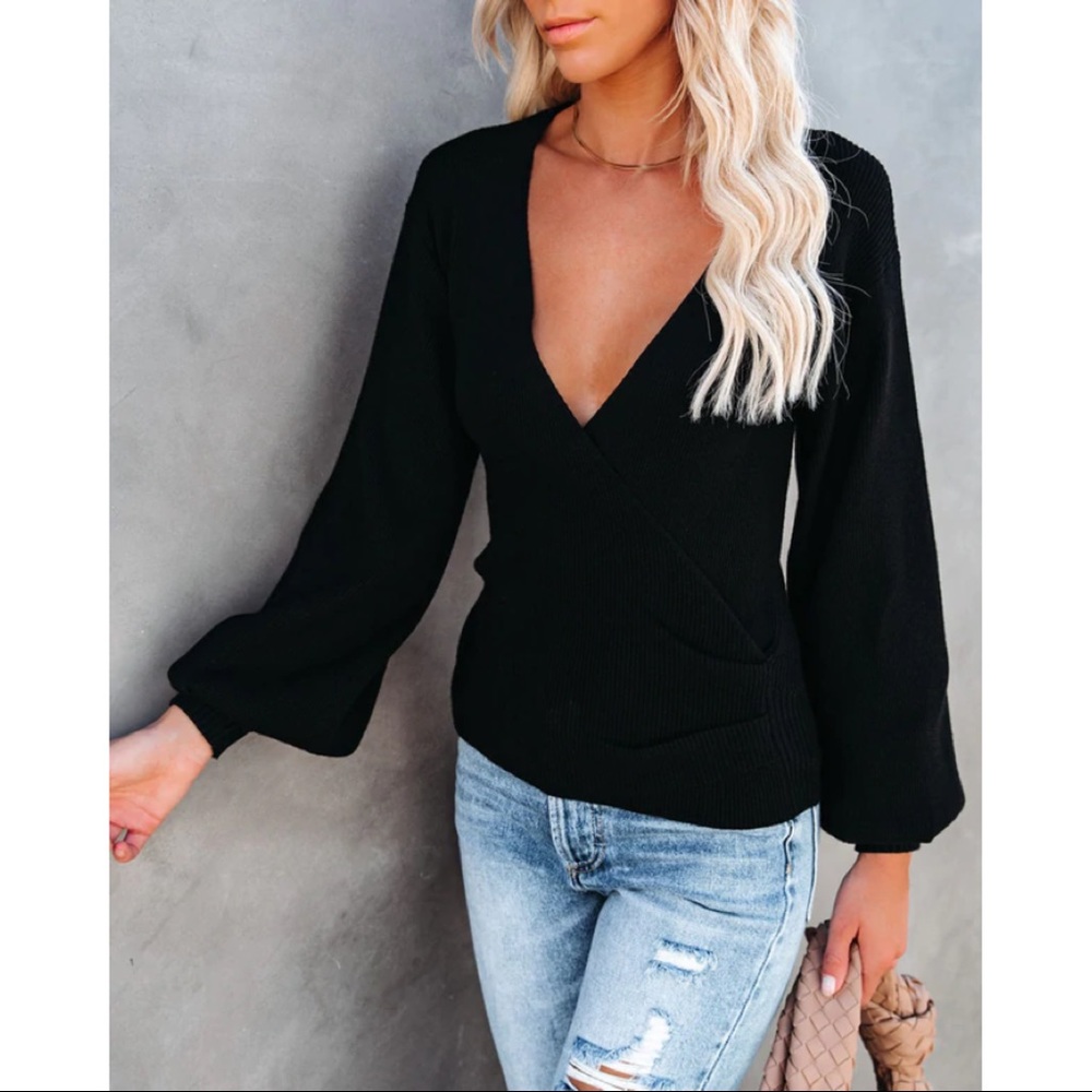 NWOT black wrapped knit sweater, low v, balloon sleeve detail
